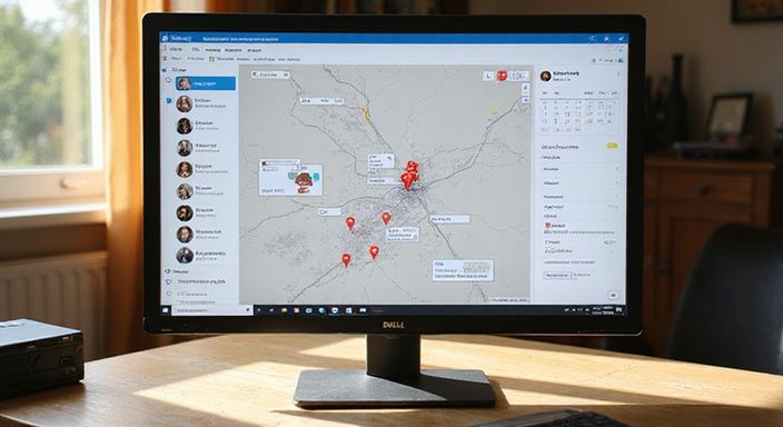 Ein Dell-Monitor zeigt eine Community-Netzwerkplattform in einem Home Office.
