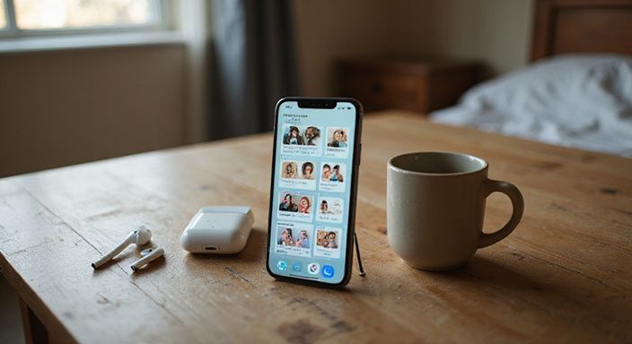 Ein Smartphone mit Dating-App-Icons auf einem abgenutzten Holztisch.