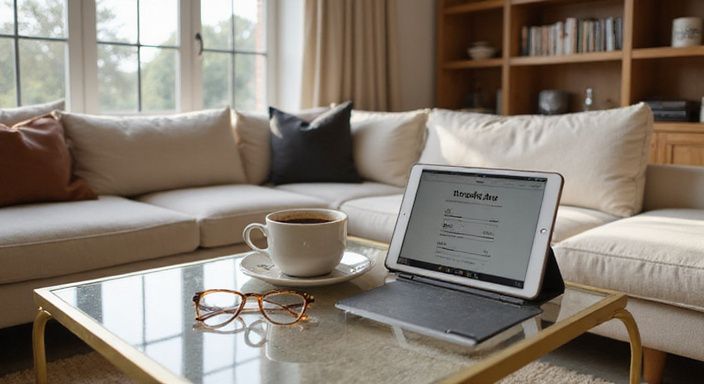 Ein iPad Pro liegt auf einem eleganten Glastisch neben einer Kaffeetasse.