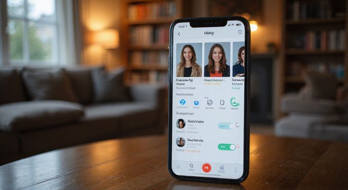 Ein Smartphone zeigt ein Dating-App-Interface mit Nutzerprofilen.