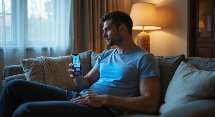 Eine entspannte Person schaut auf ihr iPhone auf einem Sofa.