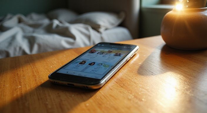 Ein Smartphone zeigt ein Dating-App-Profil auf einem Holztisch.