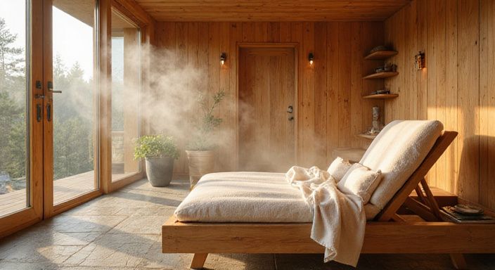 Elegantes Sauna Interieur mit warmen Holztönen und entspannendem Ambiente